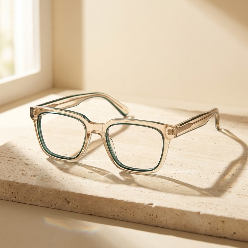 Translucent champagne acetate square frames with a teal inner layer.